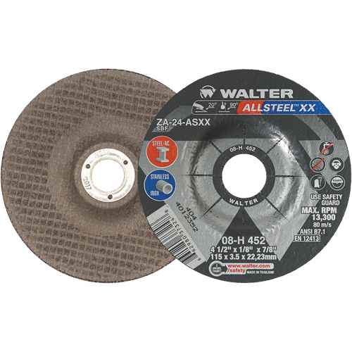 Walter Surface Technologies 08H452 Depressed Centre Grinding Wheels - ALLSTEEL XX, 4-1/2" x 1/8", 7/8" Arbor, Type 27, Zirconia Alumina, 13300 RPM