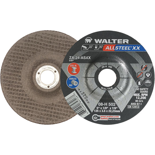 Walter Surface Technologies 08H502 Depressed Centre Grinding Wheels - ALLSTEEL XX, 5" x 1/8", 7/8" Arbor, Type 27, Zirconia Alumina, 12200 RPM