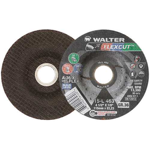 Walter Technologies Pour Surface 15L463 Meule FLEXCUT, 4-1/2", 36 Grain, Oxyde d'aluminium, 7/8", 13 300 Tr/min, Type 29