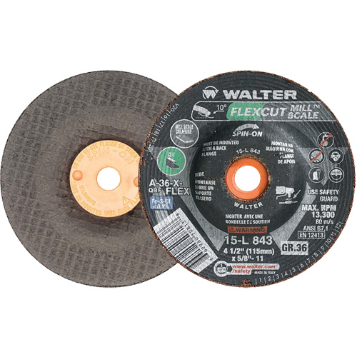 Walter Surface Technologies 15L843 FLEXCUT MILL SCALE Grinding Wheel, 4-1/2", 36 Grit, Aluminum Oxide, 5/8"-11, 13300 RPM, Type 29