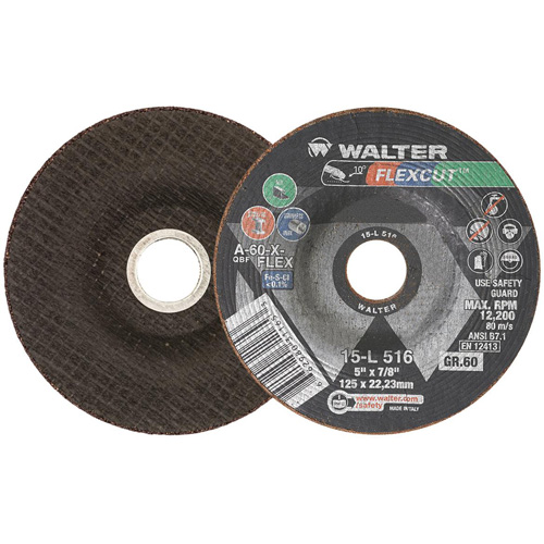 Walter Technologies Pour Surface 15L516 Meule FLEXCUT, 5", 60 Grain, Oxyde d'aluminium, 7/8", 12 200 Tr/min, Type 29
