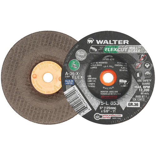 Walter Surface Technologies 15L853 FLEXCUT MILL SCALE Grinding Wheel, 5", 36 Grit, Aluminum Oxide, 5/8"-11, 12200 RPM, Type 29