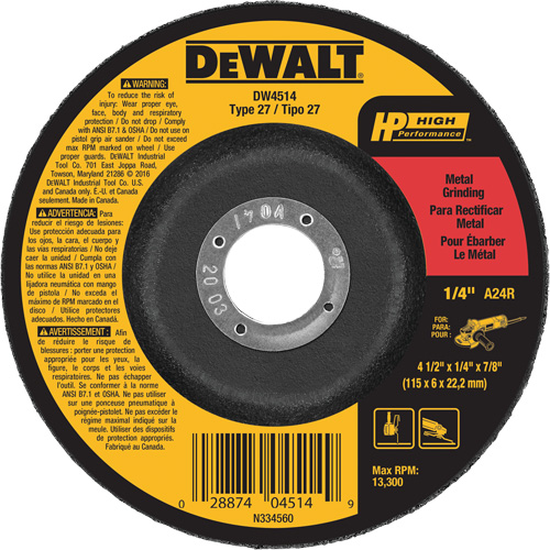 DEWALT DW4514 Meule pour m&eacute;taux haut rendement, 4-1/2" x 1/4", Arbre 7/8", Oxyde d'aluminium, Type 27