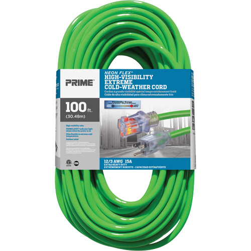 Prime NS512835 Cordon rallonge haute visibilit&eacute; Neon Flex, Ext&eacute;rieur, SJTW, AWG 12/3, 15 A, 100'