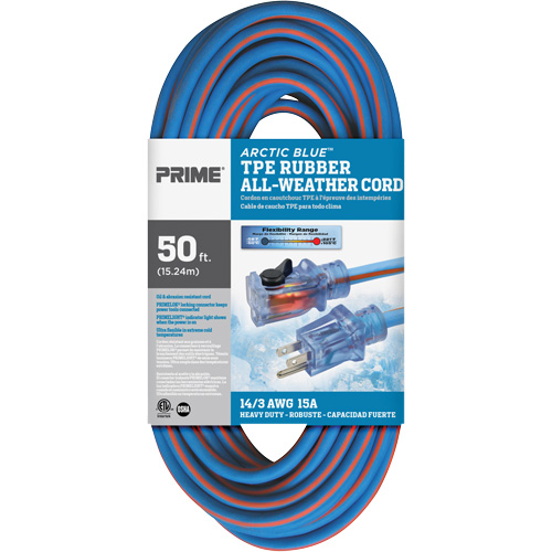 Prime LT530730 Cordon rallonge Arctic Blue, Toutes saisons, SJEOW, AWG 14/3, 15 A, 50'