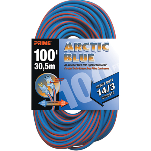 Prime LT530735 Cordon rallonge Arctic Blue, Toutes saisons, SJEOW, AWG 14/3, 13 A, 100'