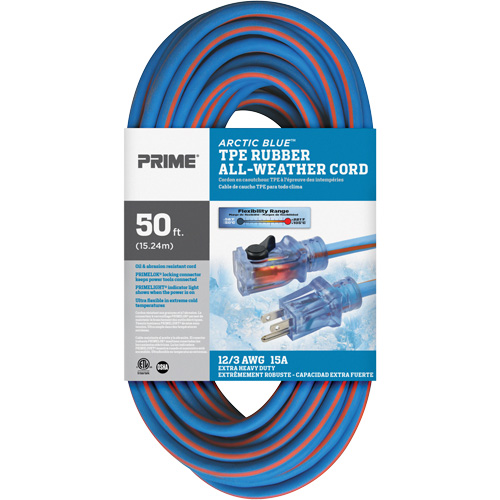 Prime LT530830 Arctic Blue TPE-Rubber Locking Extension Cord, All-Weather, SJEOW, 12/3 AWG, 15 A, 50'