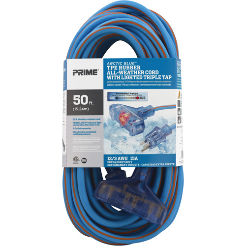 Prime LT630830 Arctic Blue TPE-Rubber Extension Cord, All-Weather, SJEOW, 12/3 AWG, 15 A, 3 Outlet(s), 50'