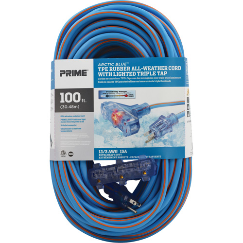 Prime LT630835 Arctic Blue TPE-Rubber Extension Cord, All-Weather, SJEOW, 12/3 AWG, 15 A, 3 Outlet(s), 100'