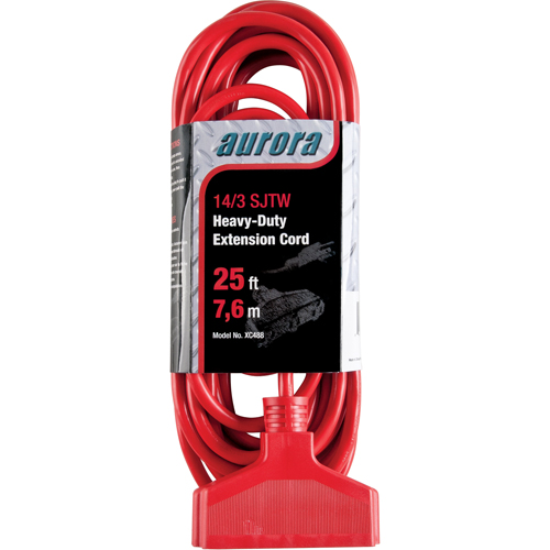Aurora Tools XC488 Vinyl Extension Cord, Outdoor, SJTW, 14/3 AWG, 15 A, 3 Outlet(s), 25'