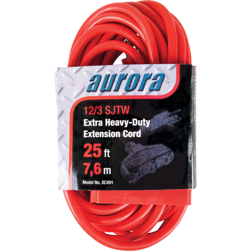 Aurora Tools XC491 Vinyl Extension Cord, Outdoor, SJTW, 12/3 AWG, 15 A, 3 Outlet(s), 25'