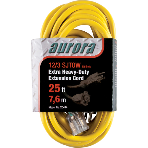 Outils Aurora XC494 Cordon rallonge en vinyle avec indicateur lumineux, Ext&eacute;rieur, SJTOW, AWG 12/3, 15 A, 25'