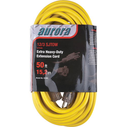 Outils Aurora XC495 Cordon rallonge en vinyle avec indicateur lumineux, Ext&eacute;rieur, SJTOW, AWG 12/3, 15 A, 50'