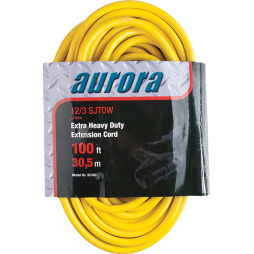 Aurora Tools XC499 Vinyl Extension Cord with Light Indicator, Outdoor, SJTOW, 12/3 AWG, 15 A, 3 Outlet(s), 100'