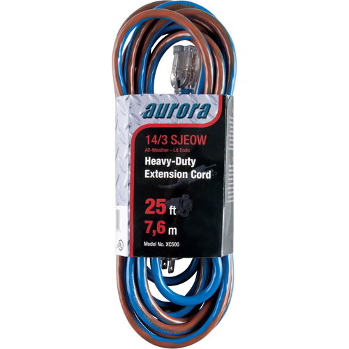 Outils Aurora XC500 Cordon rallonge en caoutchouc TPE avec indicateur lumineux, Toutes saisons, SJEOW, AWG 14/3, 15 A, 25'