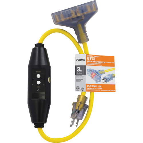 Prime GF320803 Adaptateurs pour disjoncteurs de fuite &agrave; la terre &agrave; trois prises Shocksafe, 125 V, 15 A, Cordon de 3'