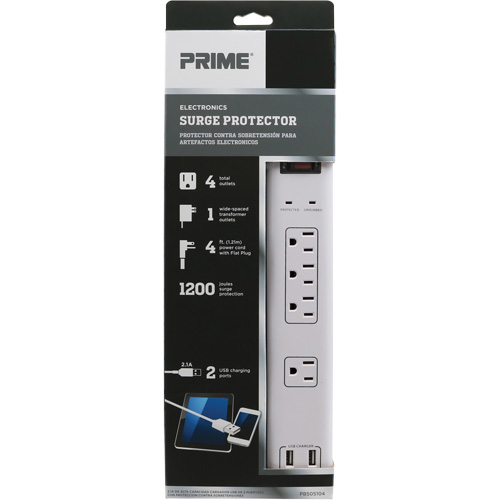 Prime PB505104 USB Charging Surge Protectors, 4 Outlets, 1200 J, 1875 W, 4' Cord