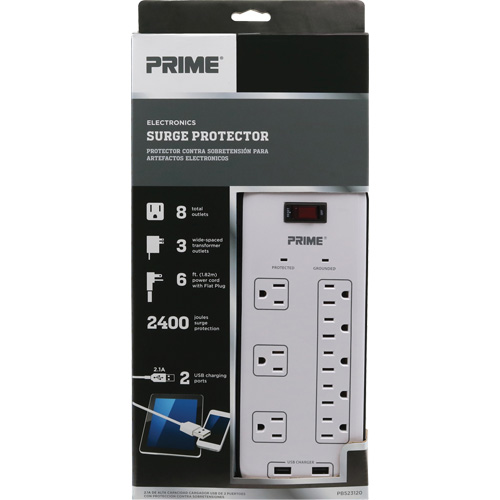 Prime PB523120 USB Charging Surge Protectors, 8 Outlets, 2400 J, 1875 W, 6' Cord