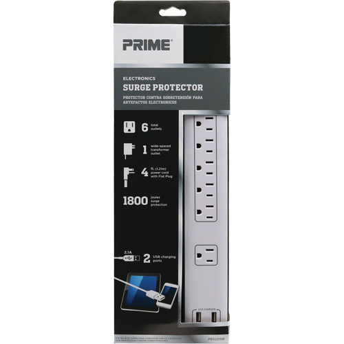 Prime PB525106 USB Charging Surge Protectors, 6 Outlets, 1800 J, 1875 W, 4' Cord