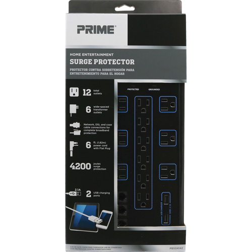 Prime PB504142 USB Charging Surge Protectors, 12 Outlets, 4200 J, 1875 W, 6' Cord
