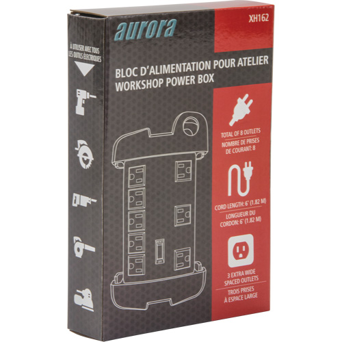 Outils Aurora XH162 Protecteur de surtension &agrave; prise multiple pour l'atelier, 8 Prises, 1350 J, 1875 W, Cordon 6'