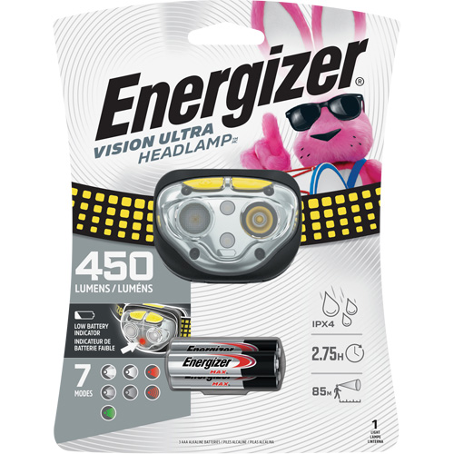 Energizer HDE32E Vision Ultra Industrial Headlamp, LED, 450 Lumens, 2 Hrs. Run Time, AAA Batteries