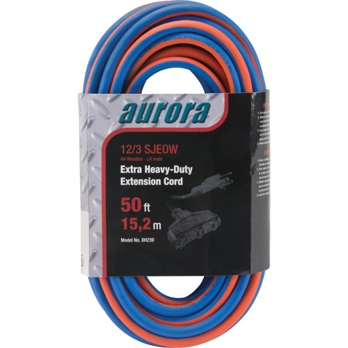 Outils Aurora XH239 Cordon rallonge en caoutchouc TPE avec indicateur lumineux, Toutes saisons, SJEOW, AWG 12/3, 15 A, 3 prise(s), 50'