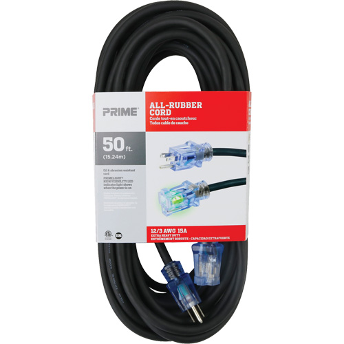 Prime SEEC732830 Cordon rallonge All-Rubber, Ext&eacute;rieur, SJOOW, AWG 12/3, 15 A, 50'