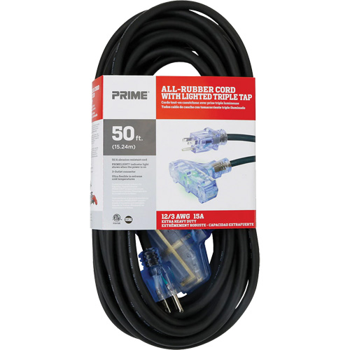 Prime SEEC632830 Cordon rallonge All-Rubber, Ext&eacute;rieur, SJOOW, AWG 12/3, 15 A, 3 prise(s), 50'
