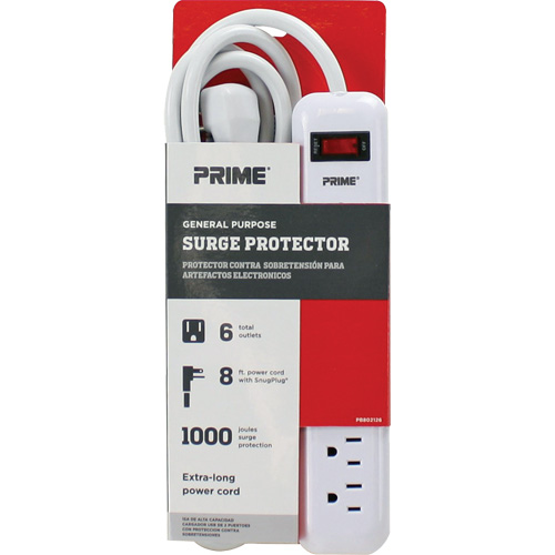 Prime PB802126 Surge Protector, 6 Outlets, 1000 J, 1875 W, 8' Cord