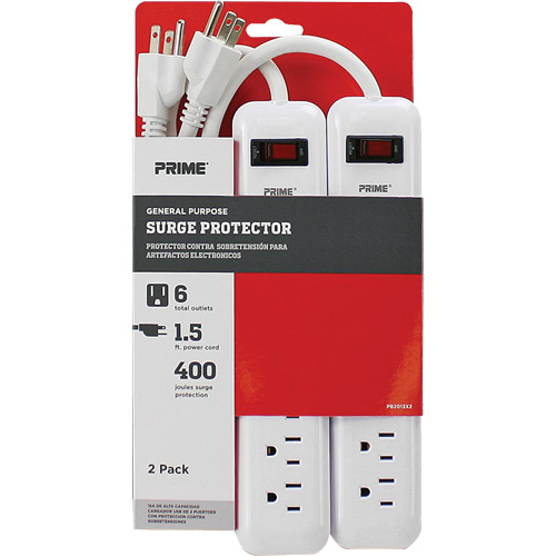 Prime PB2013X2A Surge Protector 2-Pack, 6 Outlets, 400 J, 1875 W, 1.5' Cord