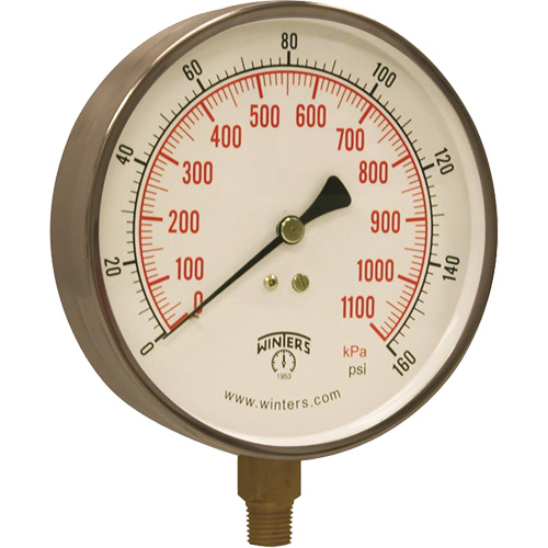 Winters PCT324 Contractor Pressure Gauge, 4-1/2" , 0 - 160 psi, Bottom Mount, Analogue
