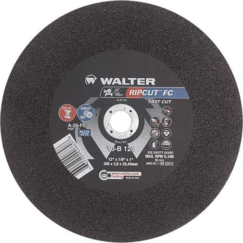 Walter Technologies Pour Surface 10B123 Meule &agrave; tronçonner Ripcut II pour la coupe de l'acier inoxydable et l'acier sur scies fixes, 12" x 1/8", Arbre de 1", Type 1, Oxyde d'aluminium, 5100 Tr/min