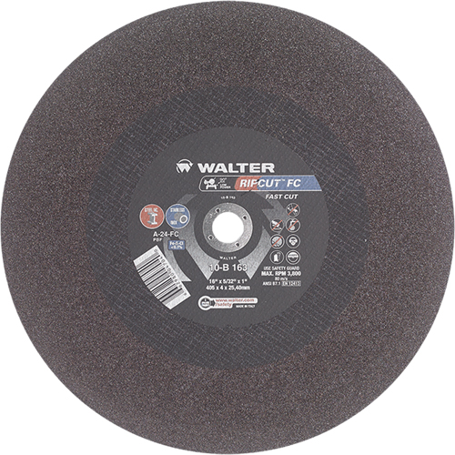 Walter Technologies Pour Surface 10B163 Meule &agrave; tronçonner Ripcut II pour la coupe de l'acier inoxydable et l'acier sur scies fixes, 16" x 5/32", Arbre de 1", Type 1, Oxyde d'aluminium, 3800 Tr/min