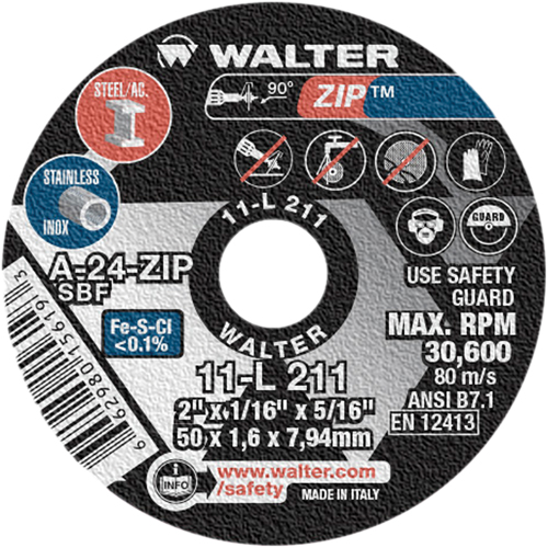 Walter Technologies Pour Surface 11L211 Meule &agrave; tronçonner Zip, 2" x 1/16", Arbre de 5/16", Type 1, Oxyde d'aluminium, 5100 Tr/min