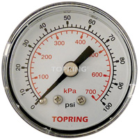Topring 55.110 Pressure Gauge, 1-1/2" , 0 - 100 psi, Back Mount, Analogue