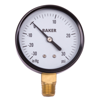 Baker LVBNA-30 Pressure Gauges, 2-1/2" , 30" Hg Vac to 30 psi, Bottom Mount, Analogue