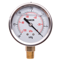 Baker AVNC-30HG Pressure Gauges, 2-1/2" , 30" Hg-0" Vac., Bottom Mount, Liquid Filled Analogue