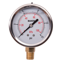 Baker AVNC-15P Pressure Gauges, 2-1/2" , 0 - 15 psi/0 - 100 kPa, Bottom Mount, Liquid Filled Analogue