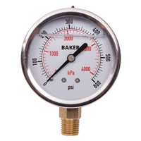 Baker AVNC-600P Manom&egrave;tres,  2-1/2", 0-600 psi/0-4200 kPa, Fixation inf&eacute;rieure, Analogique rempli de liquide