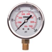 Baker AVNC-1000P Pressure Gauges, 2-1/2" , 0 - 1000 psi/0 - 7000 kPa, Bottom Mount, Liquid Filled Analogue
