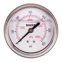 Baker AHNC-600P Manom&egrave;tres,  2-1/2", 0-600 psi/0-4200 kPa, Fixation arri&egrave;re, Analogique rempli de liquide