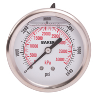 Baker AHNC-6000P Pressure Gauges, 2-1/2" , 0 - 6000 psi, Back Mount, Liquid Filled Analogue