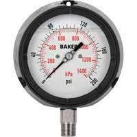 Baker LF45-200P-1/4 Pressure Gauge, 4-1/2" , 0 - 200 psi/0 - 1400 kPa, Bottom Mount, Liquid Filled Analogue