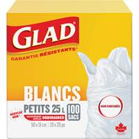 Glad 67489302971 Petits sacs &agrave; ordures 25 L sans parfum, R&eacute;gulier, 20" la x 20" lo, Blanc
