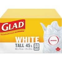 Tall 45L Unscented Garbage Bags, Regular, 24" W x 28" L, White, Open Top  JP290 | TENAQUIP