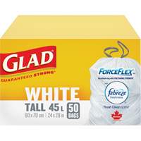 Glad 67489303008 Sacs &agrave; ordures hauts 45 L avec Febreze, R&eacute;gulier, 24" la x 28" lo, Blanc