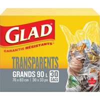 Glad 67489303039 Sacs &agrave; ordures 90 L, R&eacute;gulier, 30" la x 33" lo, Transparent