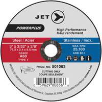 JET 501063 POWERPLUS Cut-Off Wheel, 3" x 3/32", 3/8" Arbor, Type 1, 25100 RPM