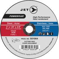 JET 501064 POWERPLUS Cut-Off Wheel, 3" x 1/8", 3/8" Arbor, Type 1, 25100 RPM